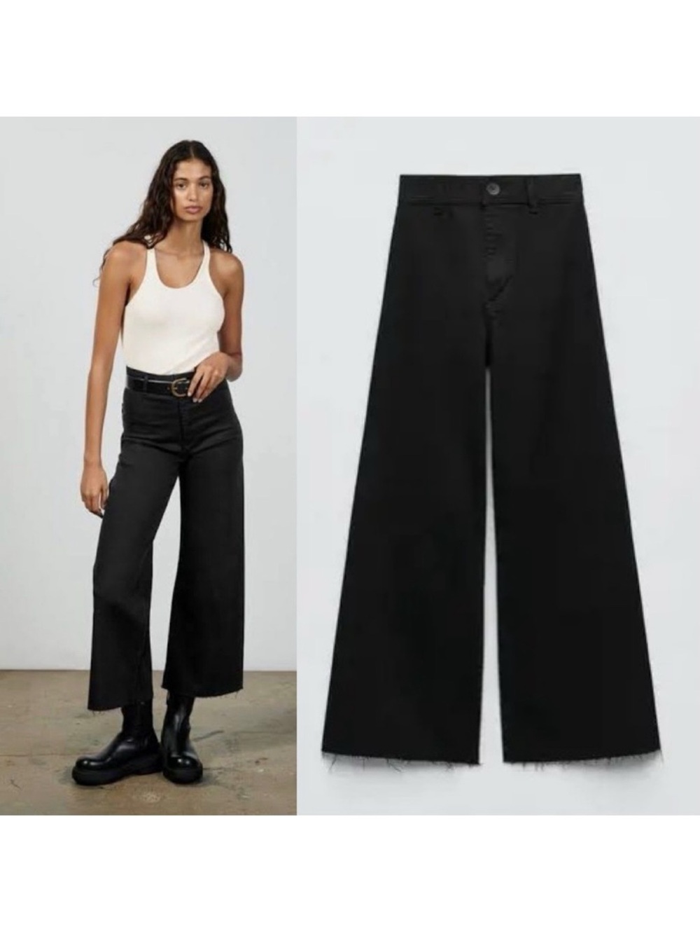 Zara Women's Marine Straight Leg Jeans High Waisted Raw Hem in Black 8